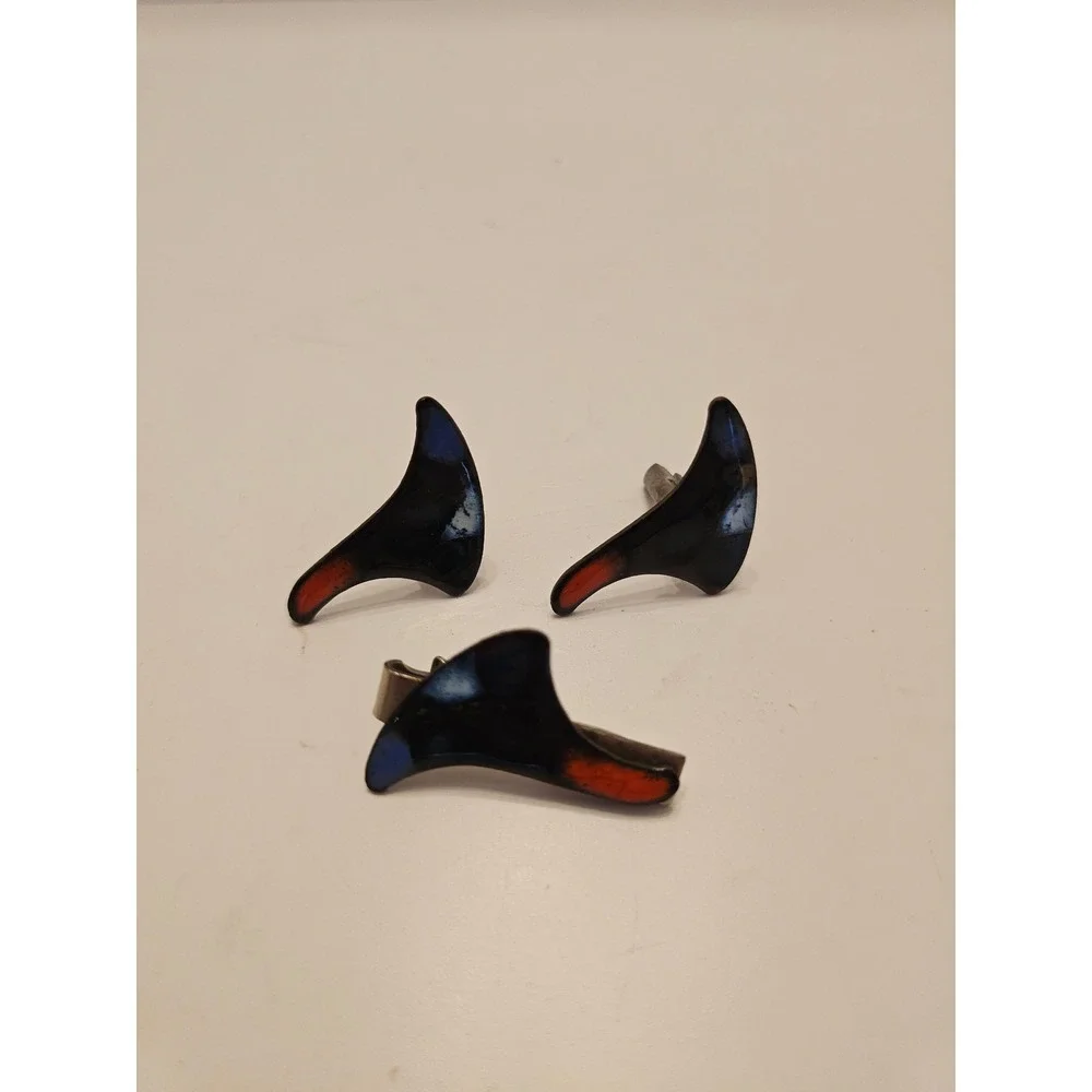 Vintage MCM Enamel Cufflink Tie Clip Set Black Orange Blue Abstract Boomerang